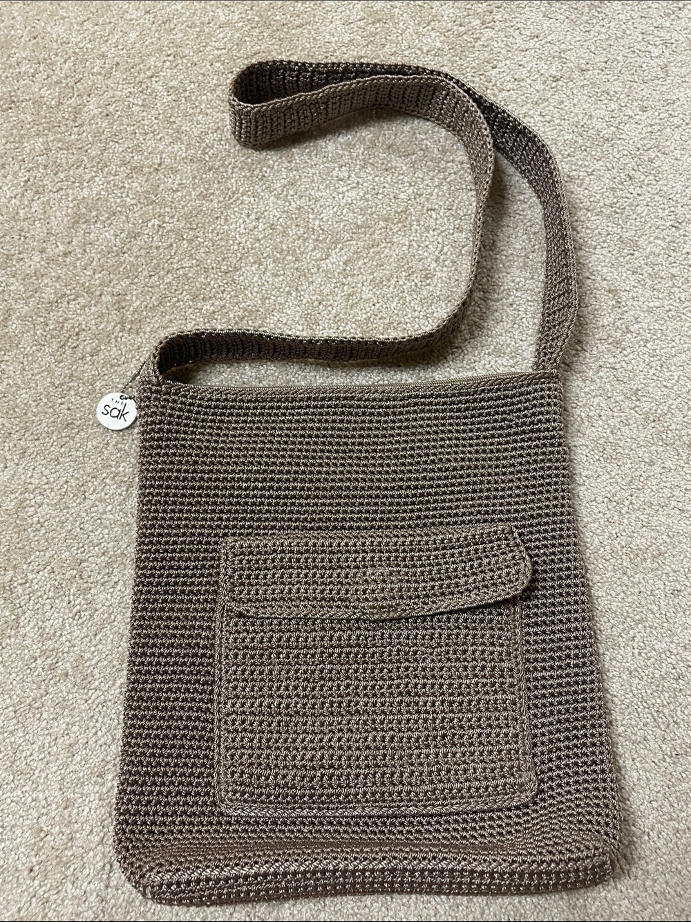 The Sak Taupe Crochet Messenger Bag